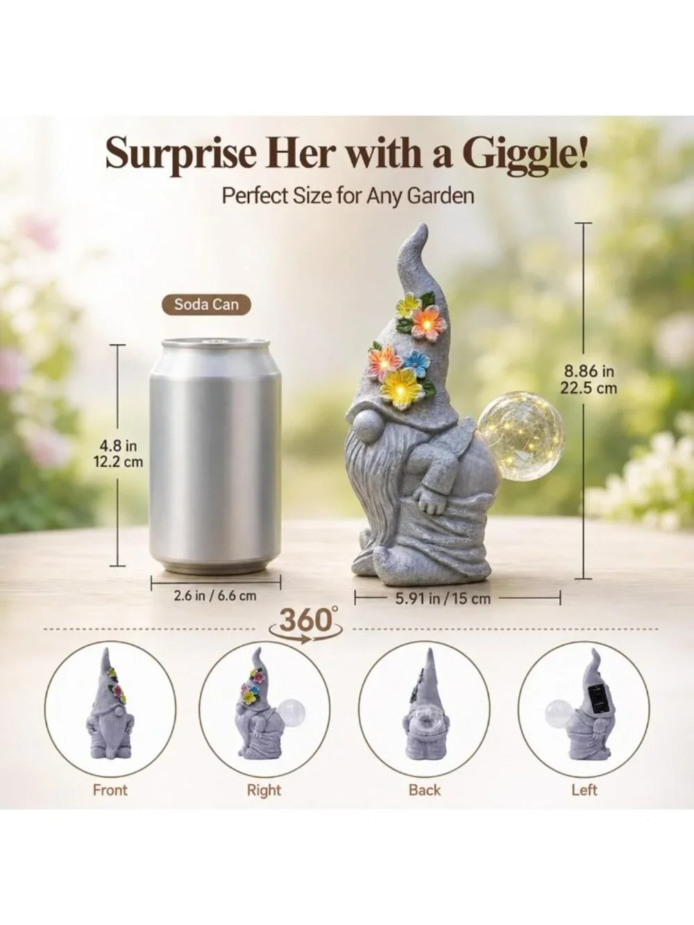 Whimsical Solar Garden Gnome Statue with LED Lights - Outdoor Decor Accent